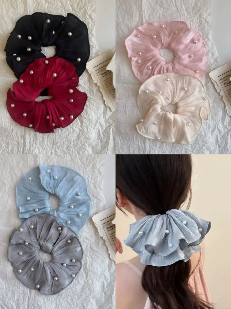 Pleated Pearl Scrunchie (8) کش مو اسکرانچی پلیسه مرواریدی - Image 1